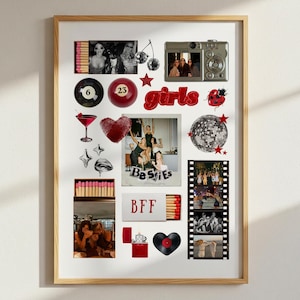 May include: A framed collage with a red and black theme, featuring photos, a pool ball, a disco ball, the word "girls", and the letters "BFF". The collage is presented in a wooden frame.