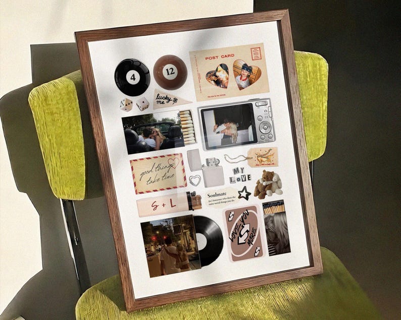 May include: A framed collage featuring various items, including a black 8-ball, a brown 12-ball, dice, a postcard with heart-shaped photos, a digital camera, a lighter, a vinyl record, and a teddy bear. The collage includes the text "lucky me", "good things take time", "S + L", and "My Love".