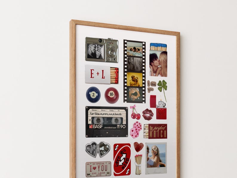 May include: A framed collage print featuring various nostalgic items including a silver camera, a film strip with photos, a matchbox labeled E+L, billiard balls, a black BASF cassette tape, red cherries, dice, a red lighter, and a red playing card.