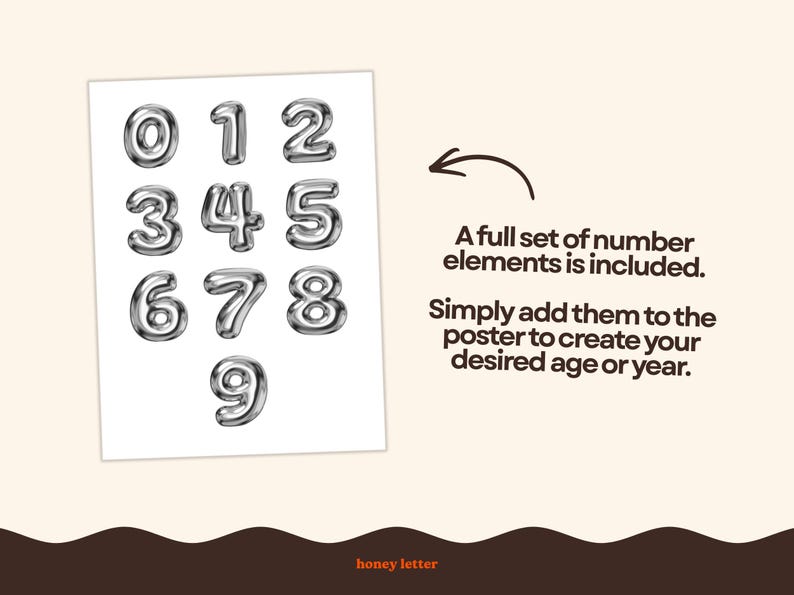 May include: A white poster displays silver, balloon-style numbers from 0 to 9. Text on the right states, "A full set of number elements is included. Simply add them to the poster to create your desired age or year."