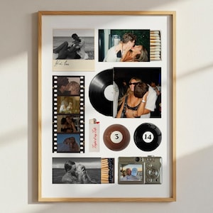 Könnte beinhalten: Ein gerahmtes Collage mit romantischen Fotos, einer Schallplatte und einem Filmstreifen. Die Collage enthält ein Feuerzeug mit dem Text "Light of my Life" und zwei Billardkugeln mit den Nummern 3 und 14. Der Rahmen ist aus hellem Holz.