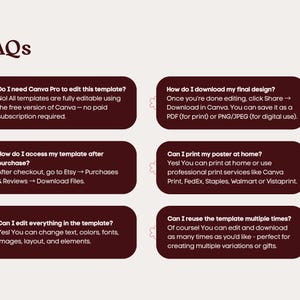 May include: A digital FAQ information sheet with dark maroon rounded rectangular text boxes on a light background. The text addresses Canva template usage, downloading, printing, accessing files, editing capabilities, and reuse policies for designs.