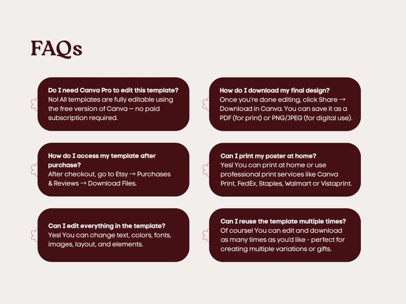 May include: A digital FAQ information sheet with dark maroon rounded rectangular text boxes on a light background. The text addresses Canva template usage, downloading, printing, accessing files, editing capabilities, and reuse policies for designs.