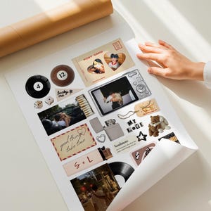 May include: A collection of stickers and small items, including a black 8-ball with the number 4, a brown 8-ball with the number 12, a digital camera, and a postcard with a heart-shaped photo. Other items include a lighter, a vinyl record, and a teddy bear.