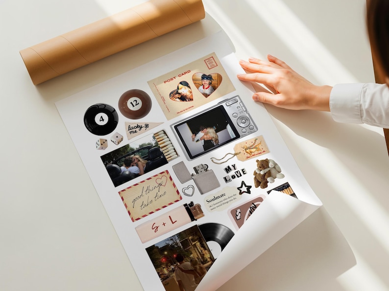 May include: A collection of stickers and small items, including a black 8-ball with the number 4, a brown 8-ball with the number 12, a digital camera, and a postcard with a heart-shaped photo. Other items include a lighter, a vinyl record, and a teddy bear.