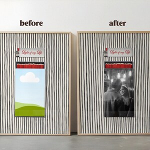 May include: Two framed art pieces with a matchbox design. The left frame shows a landscape scene, while the right frame displays a black and white photo. Both have a striped background and the text "Light of my Life".