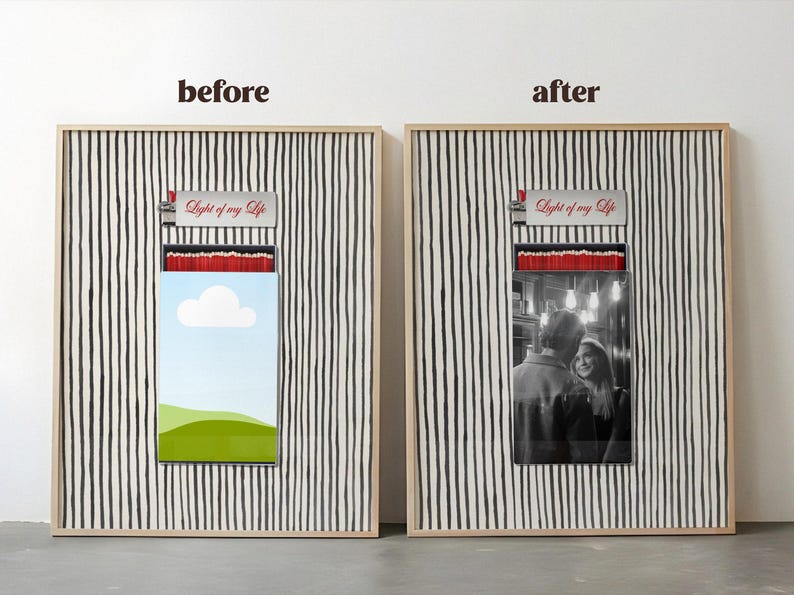 May include: Two framed art pieces with a matchbox design. The left frame shows a landscape scene, while the right frame displays a black and white photo. Both have a striped background and the text "Light of my Life".