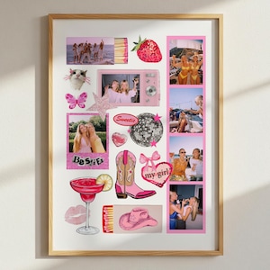 Pode incluir: Uma colagem emoldurada com imagens e ilustrações rosa e brancas. Inclui fotos, uma bota de cowboy, uma bola de discoteca, uma margarita e os textos "Besties" e "my girl".