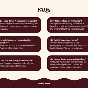 May include: A digital template FAQ sheet with a burgundy background and white text. The text addresses questions about editing, downloading, and printing the template. The template is from honey letter.