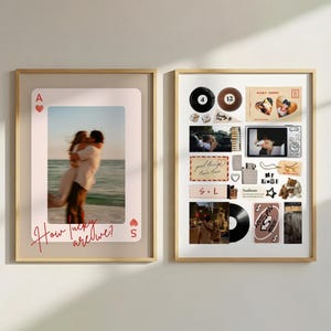 May include: Two framed artworks. One displays a photo of a couple on a beach, framed as a playing card with the text "How lucky are we?". The other frame contains various vintage-style images and objects.