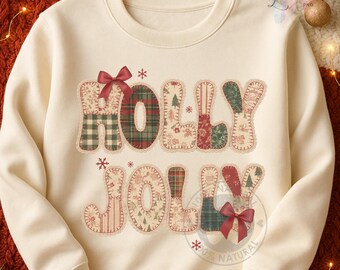 Holly Jolly Patchwork PNG | Rustic Quilted Christmas Lettering Clipart with Stitched Appliqué & Bows