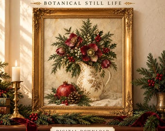 Botanisch stilleven kerstmuurdecoratie, Victoriaanse print, bordeauxrode en ivoorkleurige feestdecoratie, printbare digitale download, decoratie in antieke stijl