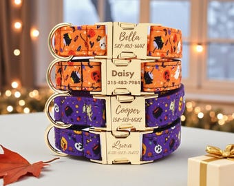 Halloween Dog Collar: Personalized Engraved Name, Autumn Dog Collar, Dog Halloween Collar Pumpkin & Ghost, Skull Bow Tie