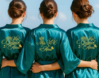 Mis Quince Anos Robe and Slippers, Custom Satin Quince Robes, Personalized Quinceanera Robes,Robes for Mama de Quince,Quinceanera Gifts