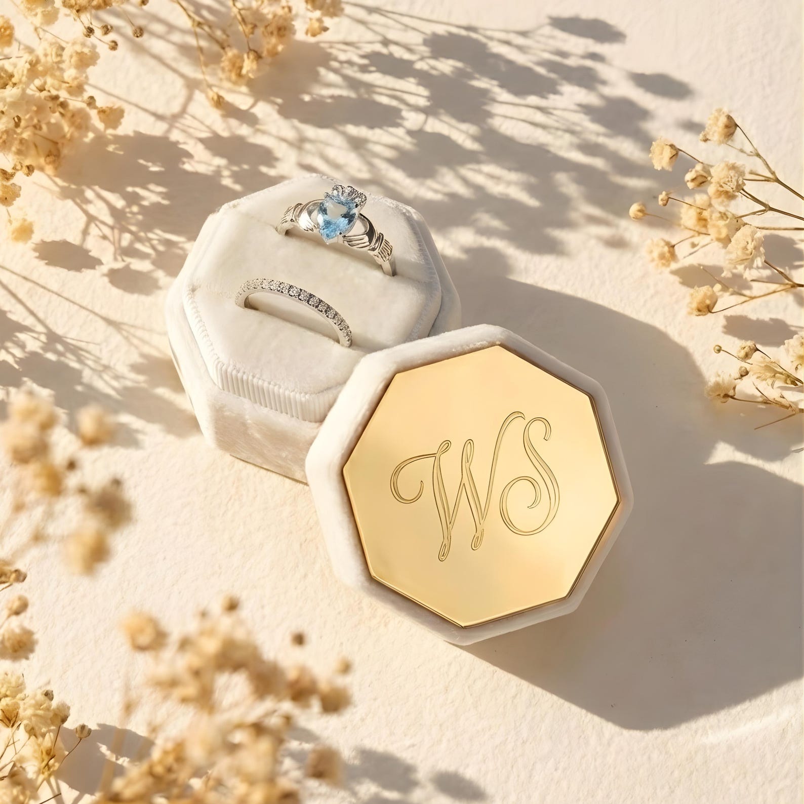 Custom Engagement Ring Box, Engraved Silver and Gold Mirror Velvet Ring Box, Personalized Wedding Ring Box, Double and Triple Slot - White, Gold (Double Slot)
