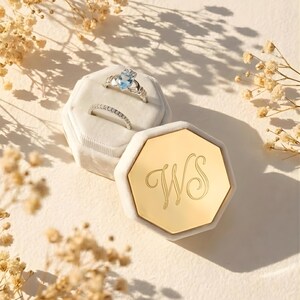 Könnte beinhalten: Zwei Ringe, ein silberner Claddagh-Ring mit blauem Edelsteinherz und ein Diamantring, liegen in einer offenen weißen Samt-Ringbox. Die Box hat einen goldenen Deckel mit den Initialen "WS" graviert.