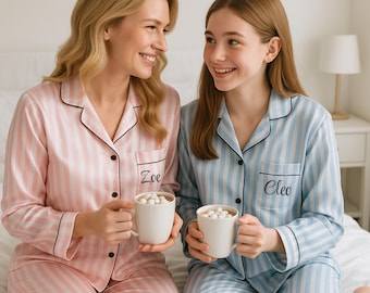 Personalised Pyjamas, Pink and Blue Custom Pjs, Mother and Daughter Pjs, Matching Pink Satin Pajamas, Custom Pj Women, Pink Striped Pjs