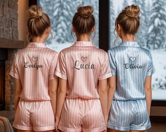 Personalised Striped Pajamas for Women, Pink and Blue Custom Pjs, Satin Personalised Birthday Pjs, Pajama Paty Gift, Matching Pink Pajamas
