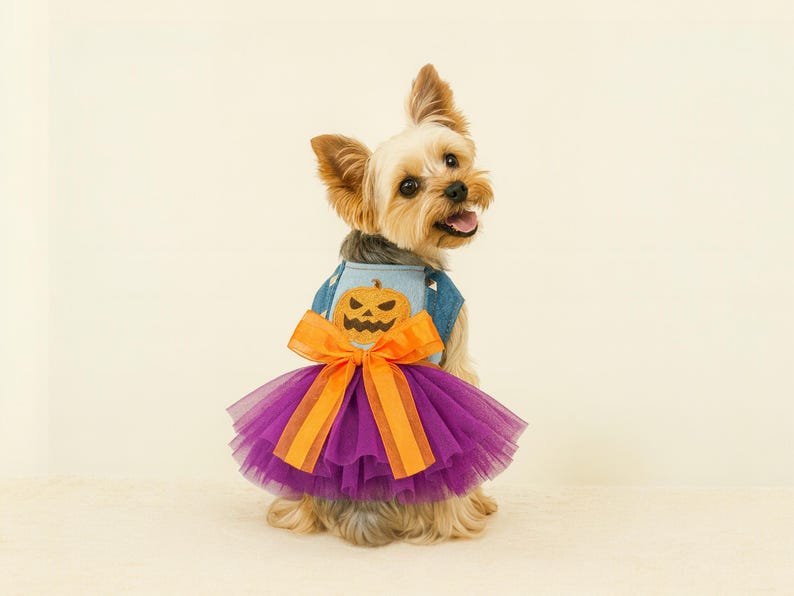 May include: A small dog wearing a blue denim vest featuring an orange pumpkin applique on the back. The vest is accented with a large, bright orange ribbon bow and a layered, ruffled purple tulle skirt that extends from the waistline.