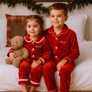 Personalized Red Family Christmas Pajama Set, Custom Name Christmas Outfits, Matching Christmas Pyjamas, Holiday Pjs Set