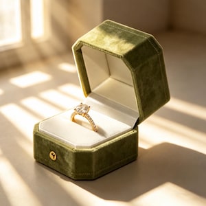 May include: A gold ring with a round-cut clear stone and a pavé band, displayed inside an open, octagonal, olive green velvet ring box with a white interior lining and a small gold-toned metal button closure on the front exterior panel.