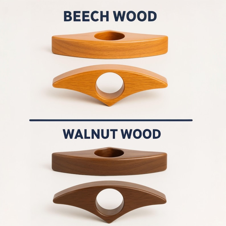 May include: Wooden book holders in beech and walnut wood. The beech wood holders are a light brown color, while the walnut wood holders are a dark brown color. Each holder has a finger hole and a curved design. The text "BEECH WOOD" and "WALNUT WOOD" are displayed.