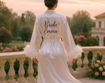 Personalized Feather Robe for Bride, Satin Bridal Robe, Custom Robe with Feathers, Bachelorette Gift, Custom Bridal Robe for Wedding Day