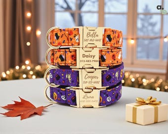 Halloween Dog Collar: Personalized Engraved Name, Autumn Dog Collar, Dog Halloween Collar Pumpkin & Ghost, Dog Bow Tie