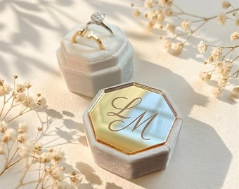 Custom Engagement Ring Box, Engraved Silver and Gold Mirror Velvet Ring Box, Personalized Wedding Ring Box, Double and Triple Slot