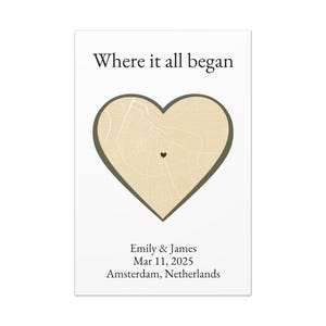 Art personnalisé sur toile, carte coeur, cadeau de localisation personnalisé pour les couples, décoration d'anniversaire de mariage, cadeau juste parce que l'amour