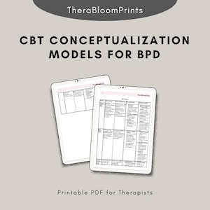 Könnte beinhalten: Zwei weiße Tablets mit CBT-Konzeptualisierungsmodellen für BPD. Die Tablets haben ein rasterartiges Layout mit Text und sind mit "TheraBloomPrints" beschriftet. Der Text "CBT CONCEPTUALIZATION MODELS FOR BPD" wird fett und schwarz angezeigt. Der Text "Printable PDF for Therapists" wird unten angezeigt.