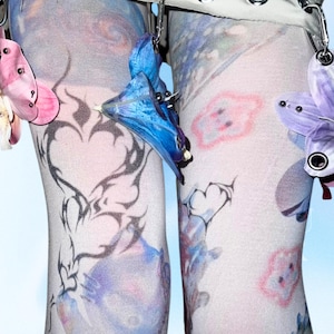 Handprinted Pastel Cyber Fairycore Tights – White Kawaii Y2K Tattoo Graphics - Pinku Noir