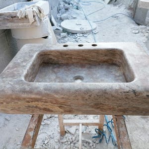 Rustic Travertine Stone Sink – Handcrafted Rectangular Vanity Basin with Faucet Holes | Natural Brown Marble by Ottomarble 80x40 cm