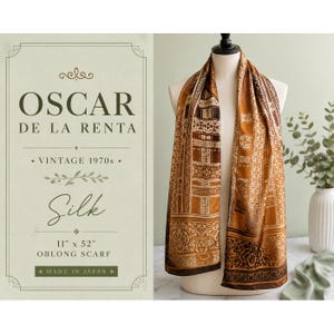 May include: An Oscar de la Renta oblong silk scarf featuring a brown and gold geometric and floral pattern. The text on the image reads: OSCAR DE LA RENTA, VINTAGE 1970s, Silk, 11 x 52 OBLONG SCARF, MADE IN JAPAN. The scarf is draped on a mannequin.