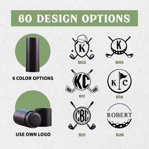 以下が含まれることがあります： 「60 DESIGN OPTIONS」のテキストが入った、ゴルフをテーマにした製品のデザイン画像。黒い円筒形の容器と、イニシャルや交差したゴルフクラブなど、さまざまなゴルフ関連のロゴが特徴です。「6 COLOR OPTIONS」と「USE OWN LOGO」のテキストも表示されています。