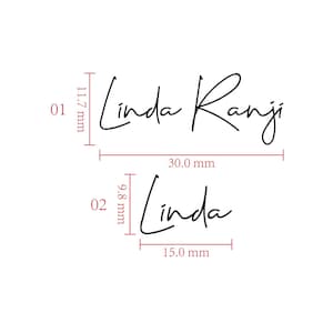 May include: Black script text reading Linda Ranji and Linda with red measurement lines and labels. The first name measures 11.7 mm by 30.0 mm, and the second name measures 9.8 mm by 15.0 mm. The text is presented in a clean, cursive font style.