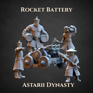May include: A 3D render of a Rocket Battery from the Astarii Dynasty. The image shows several figures around a cannon with dragon detailing. The figures are dressed in traditional clothing, some carrying barrels and ammunition.