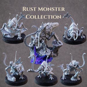 May include: A collection of six grey monster figurines with detailed designs. Each creature has a unique pose and intricate textures. The text "RUST MONSTER COLLECTION" is displayed at the top. The figurines are set on black circular bases.