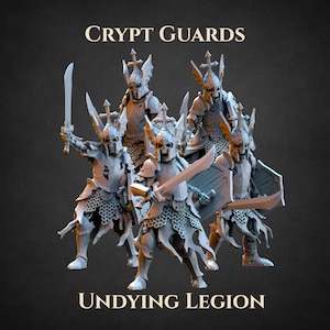 May include: Six skeletal figures in armour, wielding swords and shields. The figures have helmets with crosses and are posed in a battle-ready stance. The text "CRYPT GUARDS" and "UNDYING LEGION" are displayed.