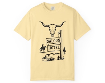 Camiseta gráfica vintage de vaquero y saloon: camiseta unisex retro del oeste