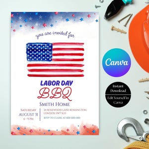 Editable Labor Day BBQ Invitation: Patriotic Canva Template (Digital Download