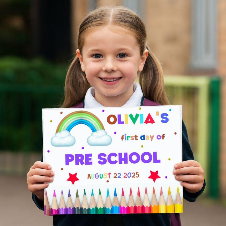 First Day of Pre School Sign Canva Template Printable Back to School ...