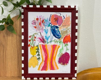 Pequeño collage original de flores al óleo pastel, arte mural de técnica mixta A4, obra de arte enmarcada