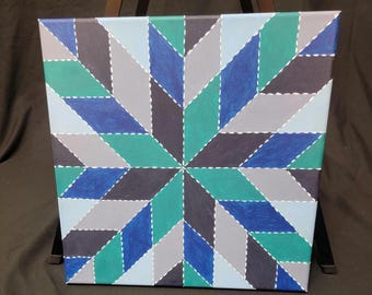 Geometric Star Acrylic Painting: Modern Blue Teal Canvas Wall Art