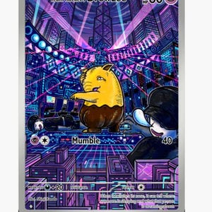May include: A Team Rocket's Drowzee trading card with 60 HP, featuring a yellow and brown creature in a neon purple city. The card displays the move Mumble, a Team Rocket member in a black cap, and text describing the creature's nose twitching.
