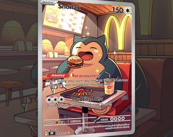 May include: A Snorlax Pokémon trading card featuring the character sitting in a restaurant booth eating a burger. The card displays the text Snorlax, 150 HP, Ability Voraciousness, and Thudding Press 130. A tray with fries and a drink sits on the table.