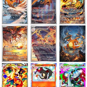 May include: Nine Charizard Pokémon trading cards. The cards feature illustrations of the fire-type Pokémon in various poses, with vibrant colors and dynamic action scenes. Each card has a different design and text.