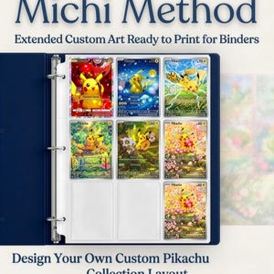 Puede incluir: Un archivador azul marino con tarjetas de arte Pikachu personalizadas. El archivador está abierto, mostrando nueve tarjetas en fundas transparentes. Las tarjetas presentan varios diseños de Pikachu con colores vibrantes e ilustraciones detalladas. El texto en las tarjetas incluye "Michi Method" y "Design Your Own Custom Pikachu Collection Layout."