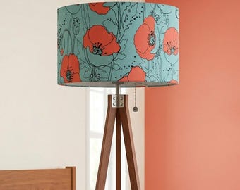 Wooden Tripod Floor Lamp with Poppy Flower Shade, Retro Wildflower Meadow Standing Light, Mid Century Modern Decor for Living Room