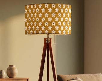 Vintage Style Wooden Tripod Floor Lamp with a Retro 70s Daisy Flower Shade, Mid Century Modern Standing Light for Living Room Decor